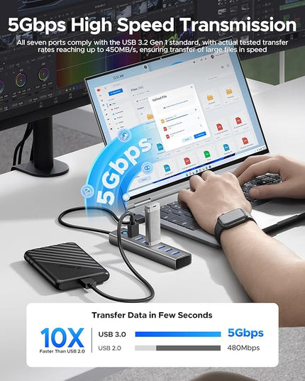 ORICO 7-Port USB 3.0 Hub, Aluminum USB Multiple Adapter, 5Gbps USB Extender USB Splitter with 1.64Ft Cable, UBS-A Hub Long Cable for Desktop, PC, Flash Drive, Mobile HDD, Windows/XPS