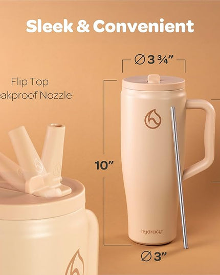 Hydracy Soulmate 40 oz Tumbler with Handle and Flip Straw - 100% Leakproof Reusable Insulated Cup with Stainless Steel Straw - Cupholder Friendly Rubber Base Travel Mug - Cafe Creme