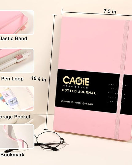 CAGIE Bullet Dotted Journal Notebook 320 Pages 100 GSM Paper Hardcover B5 Dot Grid Notebook Leather Journals for Writing Women Men Work Journaling, Pink