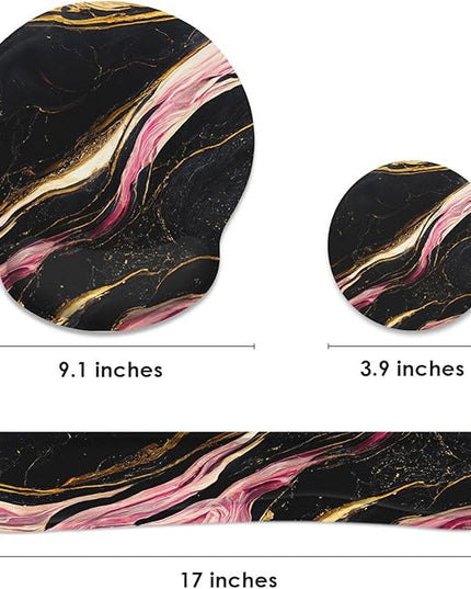Britimes Black Pink Gold Marble Ergonomic Mouse Pad Set with Wrist Rest Non-Slip Rubber Base Wrist Cushion Support and Coasters Mousepad with Wrist Support for Computer Keyboard and Desk
