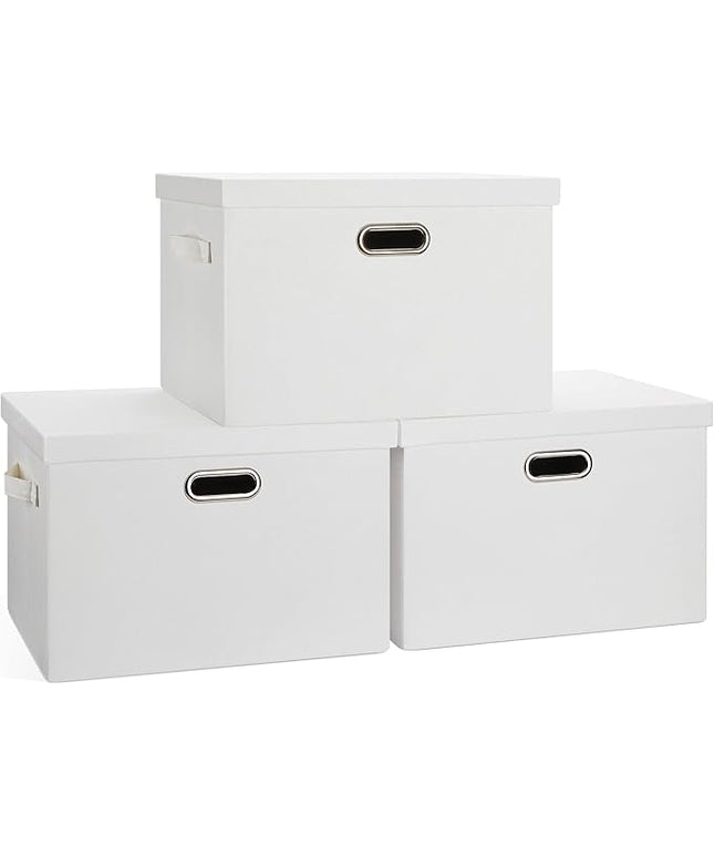 Large 17" 36 Quart Collapsible Stackable Storage Bins with Lids, 3 Packs White Linen Fabric Closet Boxes with Lids, Storage Cube Baskets Container Organizers for Bedroom Office(17 x12 x11)