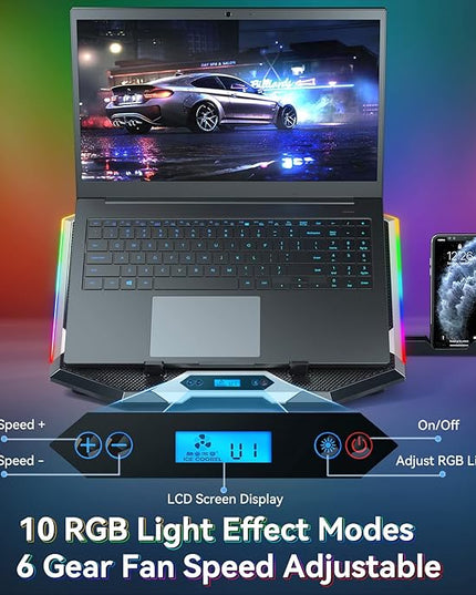 ICE COOREL Gaming Laptop Cooling Pad with 8 Cooling Fans, Laptop Fan Cooler Pad for 15-17.3 Inch, Notebook Cooler Stand with 6 Height Adjustable, RGB Cooling Pad with Two USB Port + Phone Stand