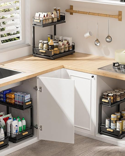 Under Sink Organizer, High Adjustable 2 Tier Under Kitchen Sink Organizer, Multi-Purpose Storage Shelf for Kitchen Bathroom Cabinet, Black