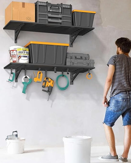 2-Pack 1.5x4ft Garage Shelving Wall Mounted, 1.5' x 4' Heavy Duty Garage Storage Shelves with Hooks, 400LB Capacity