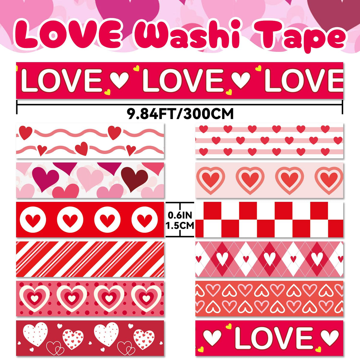 NIKOMIE 12 Rolls Love Heart Washi Tape Set, Pink Red Decorative Tape Valentine Stripe Dots Masking Tape for Journaling Supplies,Wedding Party,Junk Journal, Scrapbooking, Planner, DIY Arts & Crafts