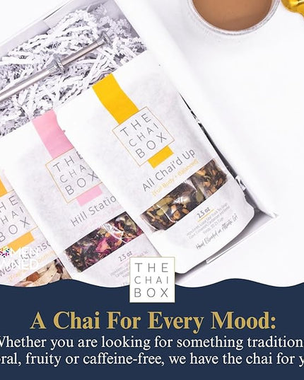 The Chai Box Top Selling Loose Leaf Tea Gift Set - Featured in Oprah's Favorite Things | 3-Flavor Caffeinated Chai Tea Gift Box with Stainless Steel Steeper (3 Pack) | Small Batch Loose Leaf Tea with Whole, Premium Spices