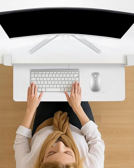 Keyboard Tray Under Desk with Drawer,26.77" X 11.81"Large Size Keyboard Tray with C Clamp-on Mount, Easy to Install, for Home Office (White)