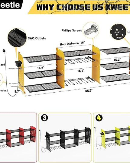 45" Power Tool Organizer Wall Mount with Charging Station - 3 Layer Storage Racks with 8 Cordless Drill Holder, 4 Hooks, Heavy Duty Garage Tool Organizer Storage for Workshop Shed Pegboard Basement