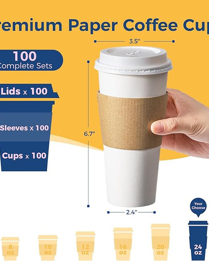 Fit Meal Prep 100 Pack 24 oz Disposable Coffee Cups with Lids, Sleeves, Leak-Proof To Go Coffee Cups with Lids, Durable Hot Paper Cups for Home, Office, Party, Business