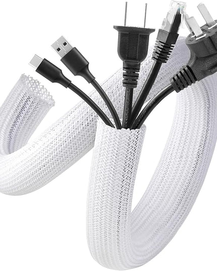 AGPTEK Cable Sleeve Cover, 20ft - 1 inch Desk Cord Organizer Cable Hider, Home Office Wire Management Computer TV Wire Loom Tubing, Pet Proof Cord Protector, from Cat Dog Chewing, White