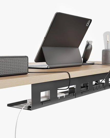 Under Desk Cable Management Tray, 31.5 Inches Metal Cord Organizer Rack, Desk Tray for Power Strip, Cord, Wire, Easy Mounting Cable Management Under Table for Home Office, Black