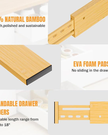 Bamboo Drawer Dividers 4" High, 12.8-18" Adjustable Drawer Organizers for Clothes,Expandable Dresser Separators in Bedroom/Kitchen/Bathroom/Office Organization and Storage,6 Pack