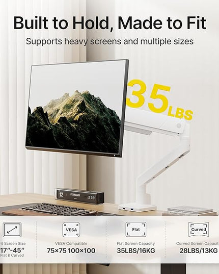 monTEK Single Monitor Arm with USB for Max 45 Inch Ultrawide Screens Adjustable Monitor Desk Mount Holds 35 Lbs Cable Management with C Clamp/Grommet Desk Mount, VESA 75/100mm, MA1007UCWH