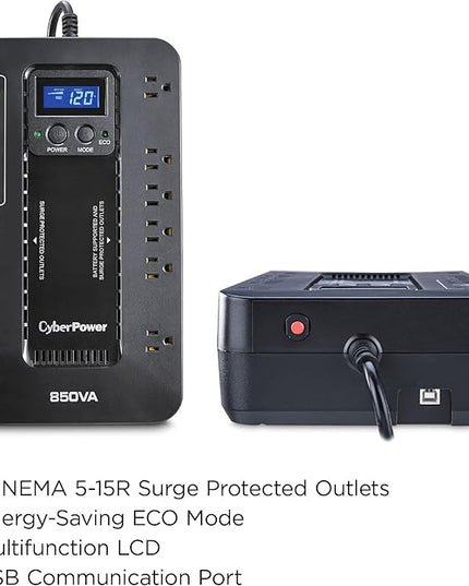CyberPower EC850LCD Ecologic UPS Battery Backup and Surge Protector, 850VA/510W, 12 Outlets, ECO Mode, Compact, UL Certified