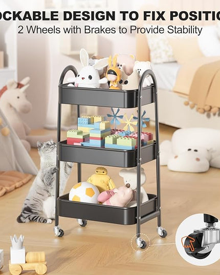 EAGMAK 3 Tier Rolling Cart, Large Metal Storage Cart with Handle and Lockable Wheels, Big Multifunctional Storage Organizer Trolley with Mesh Baskets for Kitchen, Living Room, Office, Garage (Black)