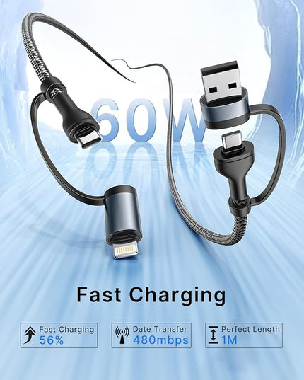 4 in 1 Charging Cable, Fast USB C Cable Data Type C Charger 60W Lightning Cable Adapter USB C to USB C Cable for iPad Charger Fast Multi Charging Cord Fits iPhone 16 15/15 Pro/15 Plus/14 Pro Max,6FT