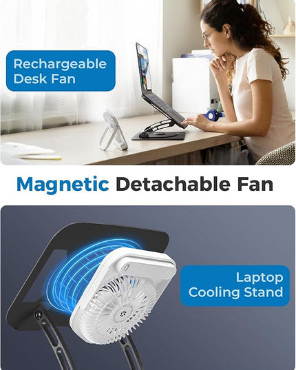 SHUWEI Laptop Cooling Stand with Detachable Desk Fan, Adjustable Height & Angle, 360 Rotating Base, Carbon Steel Framework, Ultra-Quiet & Super Sturdy for up to 16”Laptop-Black