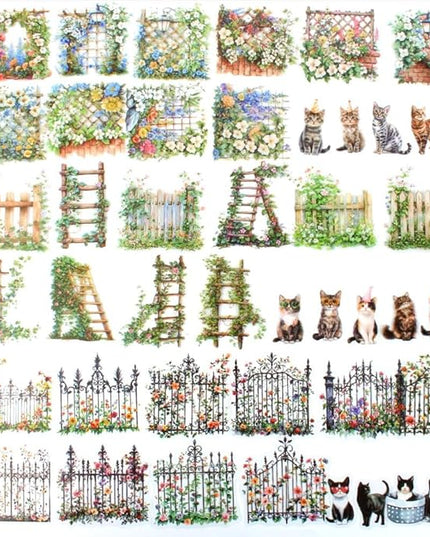 Dwpetzo 90Pcs Unique Transparent PET Stickers for Journaling, Garden Fence with Cat Landscape Stickers for Scrapbooking, Junk Journal Supplies, Collage, Planner