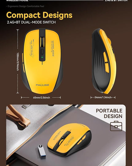 Wireless Mouse (Bluetooth & 2.4GHz USB) with Forward/Backward Side Keys, Silent Click, Ergonomic Portable AA Battery Mice for Laptop/Mac/iPad - Office & Travel Use, Yellow & Black