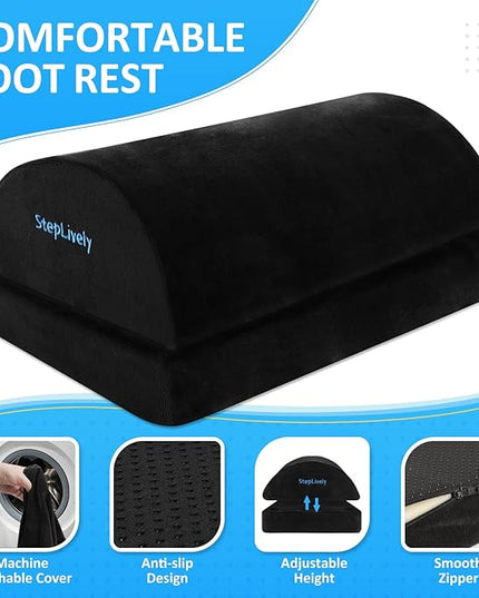 StepLively Foot Rest for Under Desk at Work, Comfortable Foot Stool with 2 Adjustable Heights, Footrest with Washable Cover, for Back & Hip Pain Relief, Suitable for Office, Home and Car (Black)