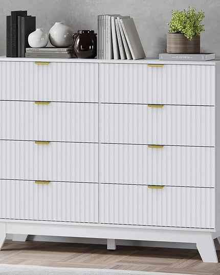 BORNOON Fluted 8 Drawer Tall Dresser, 47.2" Wide Modern Boho Chest of Drawers, Wooden Storage Dresser TV Stand for Bedroom, Living Room, Closet, Hallway, Curved Profile Design