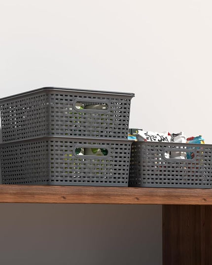 Zopnny 6-Pack Plastic Lidded Storage Shelf Basket, Stackable Organizer Baskets with Lid for Desktop, Pantry, Closet, Office (Grey)