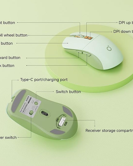 EWEADN G309 Wireless Computer Mouse,2.4G&Bluetooth Ergonomic Cordless Mice with 4000 DPI,5 Adjustment Levels,Cute and Portable Mouse for Laptops, PC and More,7 Buttons Office USB Mice-Green