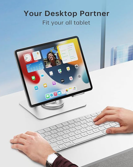 Tablet Stand Adjustable with 360° Swivel Base Aluminum Tablet Stand Holder for iPad/Samsung/iPad Pro Air Mini/Galaxy/Switch, Sliver