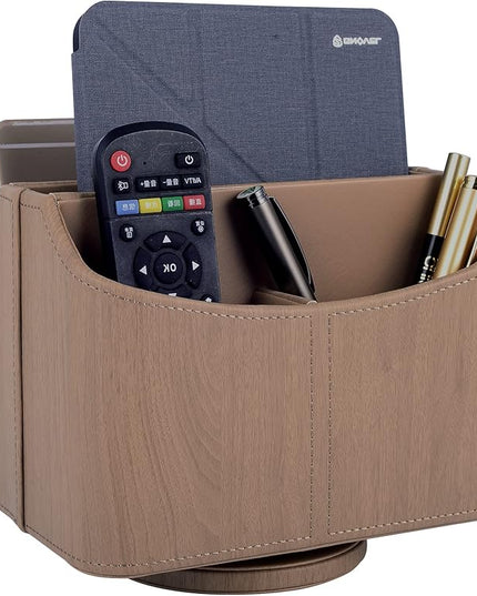 RHCSZ Leather Remote Control Holder/Caddy 360 Degree Rotating, Desk Organizer for TV Remote Controllers,Pen,Calculator,cell phone,gadget storage box,Nightstand Decoration(Light wood grain)