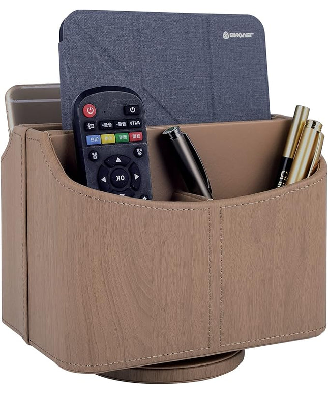 RHCSZ Leather Remote Control Holder/Caddy 360 Degree Rotating, Desk Organizer for TV Remote Controllers,Pen,Calculator,cell phone,gadget storage box,Nightstand Decoration(Light wood grain)