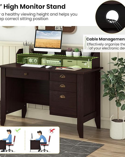 Tangkula Computer Desk with 4 Storage Drawers & Hutch, Home Office Desk Vintage Desk with Storage Shelves, Wooden Executive Desk Writing Study Desk (Brown)