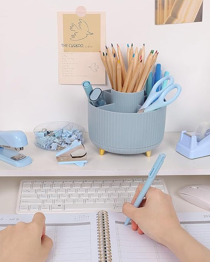 SKYDUE Desk Organizers and Accessories 10Pcs, 360-Degree Rotating Pen Holder, Stapler, Staple Remover, Tape Dispenser,2pcs Tape Refills, Binder Paper Clips Kit, Scissor (Blue)