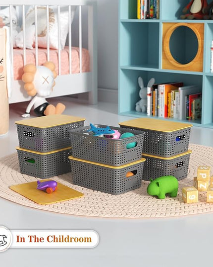 Plastic Storage Baskets With Bamboo Lid - Plastic Storage Containers Stackable Storage bins: Storage Baskets for Organizing Shelves Drawers Desktop Closet Playroom Classroom Office, 6 Pack, Gray