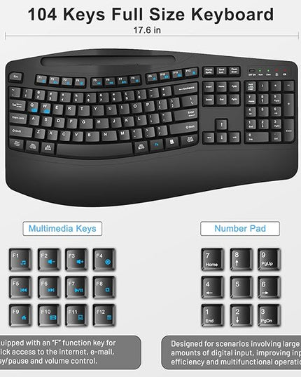 Wireless Keyboard and Mouse Combo, 2.4G Full Size Wave Keys Ergonomic Keyboard with Wrist Rest, Phone Holder, 3-Level DPI Wireless Silent Mouse with 6-Buttons, for Windows, Mac OS, Laptop, PC (Black)