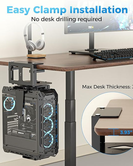 Suptek Clamp-on Desk or Desk Leg PC Mount,Adjustable Height and Width,CPU Under Desk Table Beam PC Mount Bracket Computer Tower Wall and Under Counter Holder