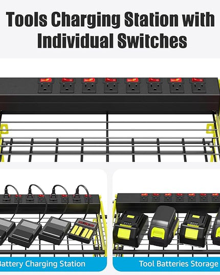 CCCEI Green Power Tool Organizer Wall Mount, Large Tools and Battery Storage Rack Charging Station Individual Switches. Drills Holder, Garage Utility Shelves with 6FT Power Strip. Gift for Men.