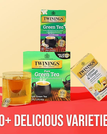 Twinings Pure Green Tea Individually Wrapped Bags, 50 Count (Pack of 6), Smooth Flavour, Enticing Aroma, Caffeinated, Enjoy Hot or Iced, 300 Teabags