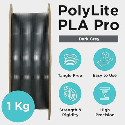 Polymaker PLA PRO Filament 1.75mm 1kg, Tough & High Rigidity Dark Grey 3D Printing Filament, PolyLite PLA PRO 3D Printer Filament 1.75mm, Print with Most 3D Printers