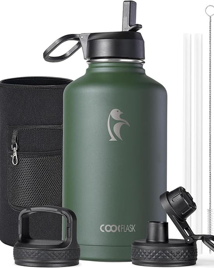 Half Gallon Water Bottle Insulated with Straw & 3 Lids, Coolflask 64 oz Water Jug Large Metal Stainless Steel Wide Mouth for Sports, Gym or Office, Non-BPA Keep Cold 48H Hot 24H, Dark Green