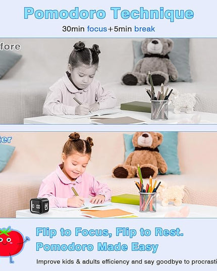 Cube Pomodoro Timer, Desk Productivity Timer 5/10/30/60 Minutes & Custom Countdown, Adjustable & Silent Visual Timer, ADHD Tool Flip Rotating Portable Multi Timers for Study Task Work Kitchen School