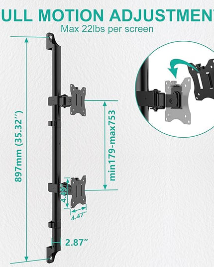 WALI Vertical Dual Monitor Wall Mount, Stacked Monitor Wall Mount for 17-38 Inch 2 Screens 22lbs each with Height Adjustment Heavy Duty Sturdy Steel Tilt Swivel Rotate Flexibility VESA 75x75/100x100mm