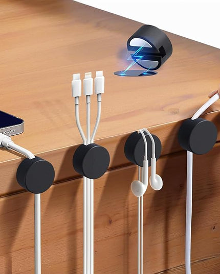 Maveek Magnetic Cord Clips Black, Silicone Cord Organizer Magnet Cable Holder Charging Cable Management Cord Keeper with Adhesive Metal Disc (5 Piece, Large Size)