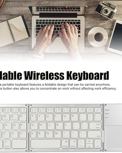 Wisoqu Foldable Keyboard with Touchpad, 3 Folding Wireless Keyboard 63 Keys 10m Connection USB Charging, for iOS for Laptop Tablet Smartphone (Silver White)