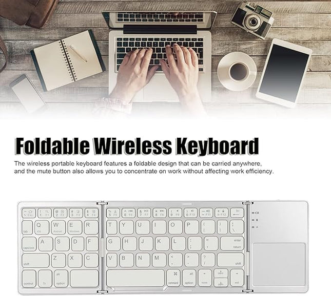 Wisoqu Foldable Keyboard with Touchpad, 3 Folding Wireless Keyboard 63 Keys 10m Connection USB Charging, for iOS for Laptop Tablet Smartphone (Silver White)