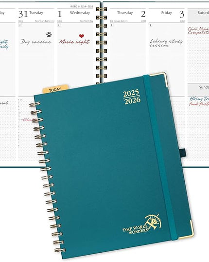 POPRUN Academic Planner 2025-2026 (July 2025-June 2026), Daily Weekly and Monthly Appointment Book (Wirebound Hard Cover - 10'' x 8'') with Hourly Time Slots, Tabs, 100 GSM - Pacific Green