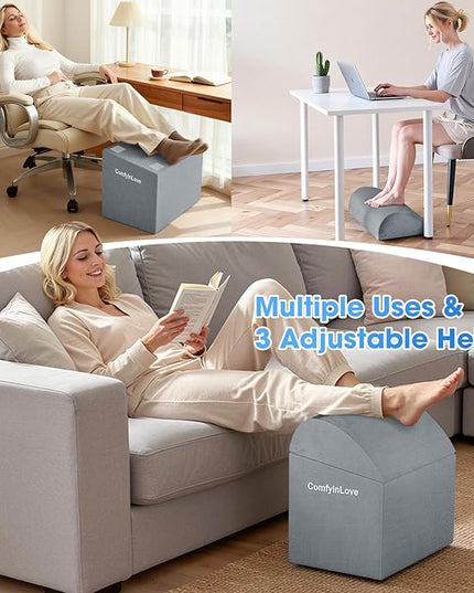 Foot Rest for Under Desk at Work - Non-Slip Foot Stool with 3 Adjustable Heights, Ergonomic Under Desk Footrest with Washable Cover for Desk, Home, Office, Car (Light Grey)