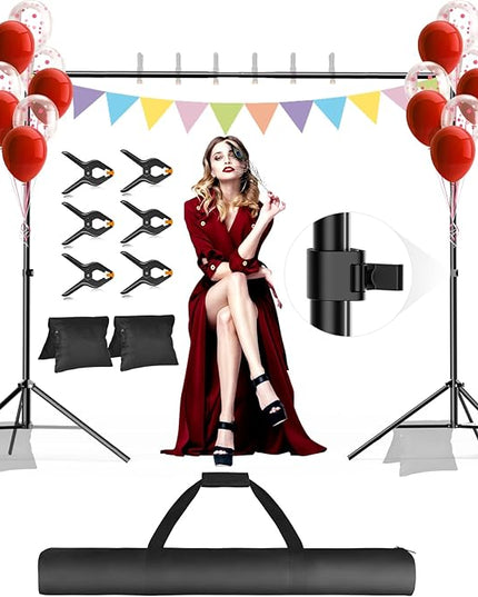 Backdrop Stand, Photo Video Studio 10 x 10FT Adjustable Backdrop Stand, Background Support System Kit with 2 Crossbars, 6 Clamps, 2 Sandbags and Carry Bag for Photography Parties Wedding