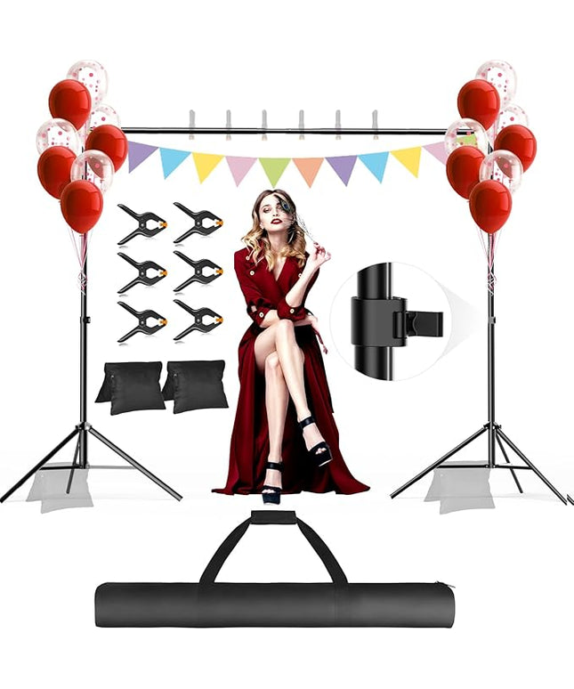 Backdrop Stand, Photo Video Studio 10 x 10FT Adjustable Backdrop Stand, Background Support System Kit with 2 Crossbars, 6 Clamps, 2 Sandbags and Carry Bag for Photography Parties Wedding