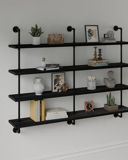 Floating Shelves for Wall Bookshelf Industrial Pipe Shelving Shelves 60 Inch Natural Wood Planks Rustic Wall Shelves Hanging Bookshelves Farmhouse Kitchen Shelving Black