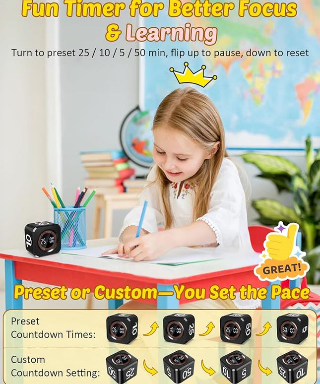 Digital Pomodoro Timer Cube 5/10/25/50min, Visual Productivity Flip Timer for Kids Classroom Desk, Custom Countdown, Silent and Sound Mode for ADHD Study Work Game Kitche(Black)